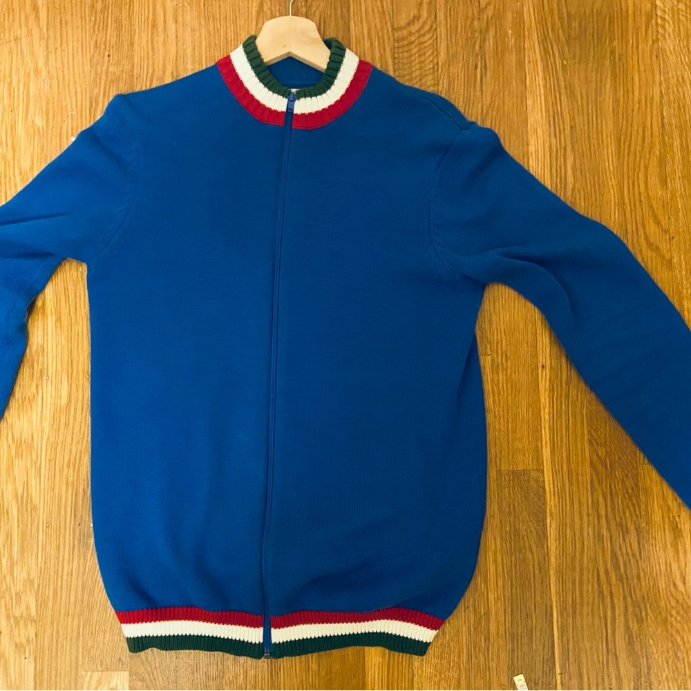 Blue Mod cycling sweater with tri-color trim made for Modfather clothing UK